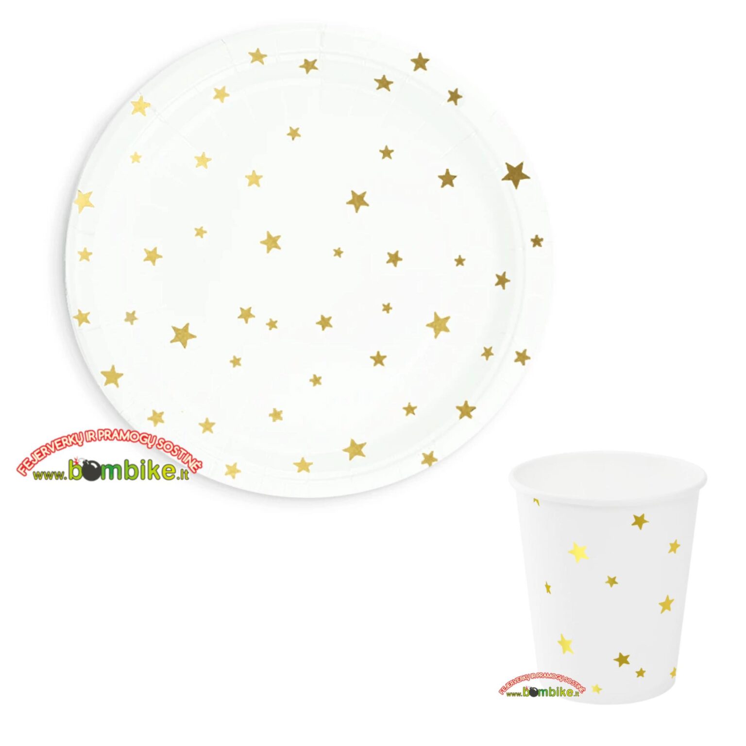 Puodelių ir lėkštučių rinkinys „Balta su auksinėmis žvaigždutėmis“
