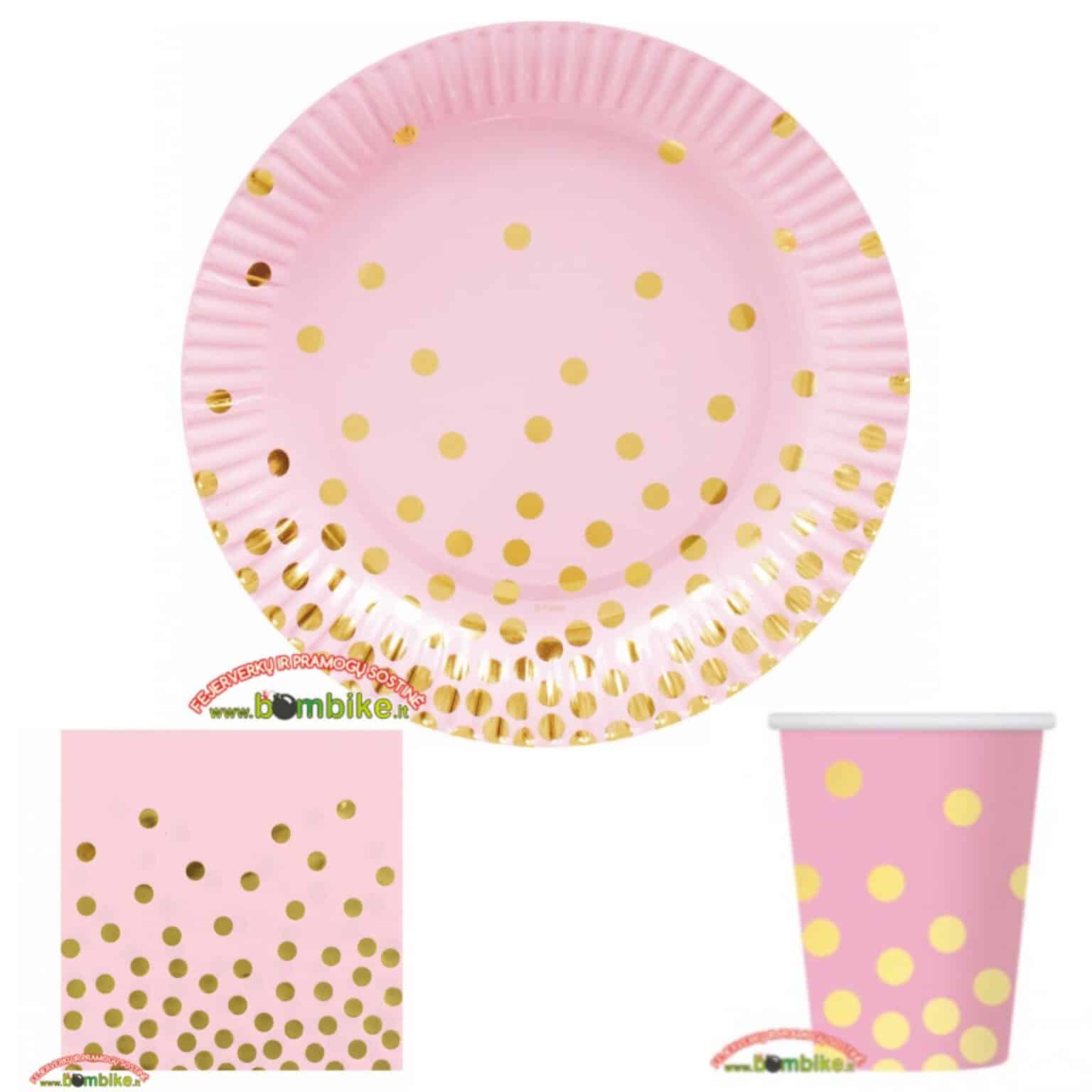 Servetėlių, puodelių ir lėkštučių rinkinys „Rožiniai su auksiniai taškiukais“