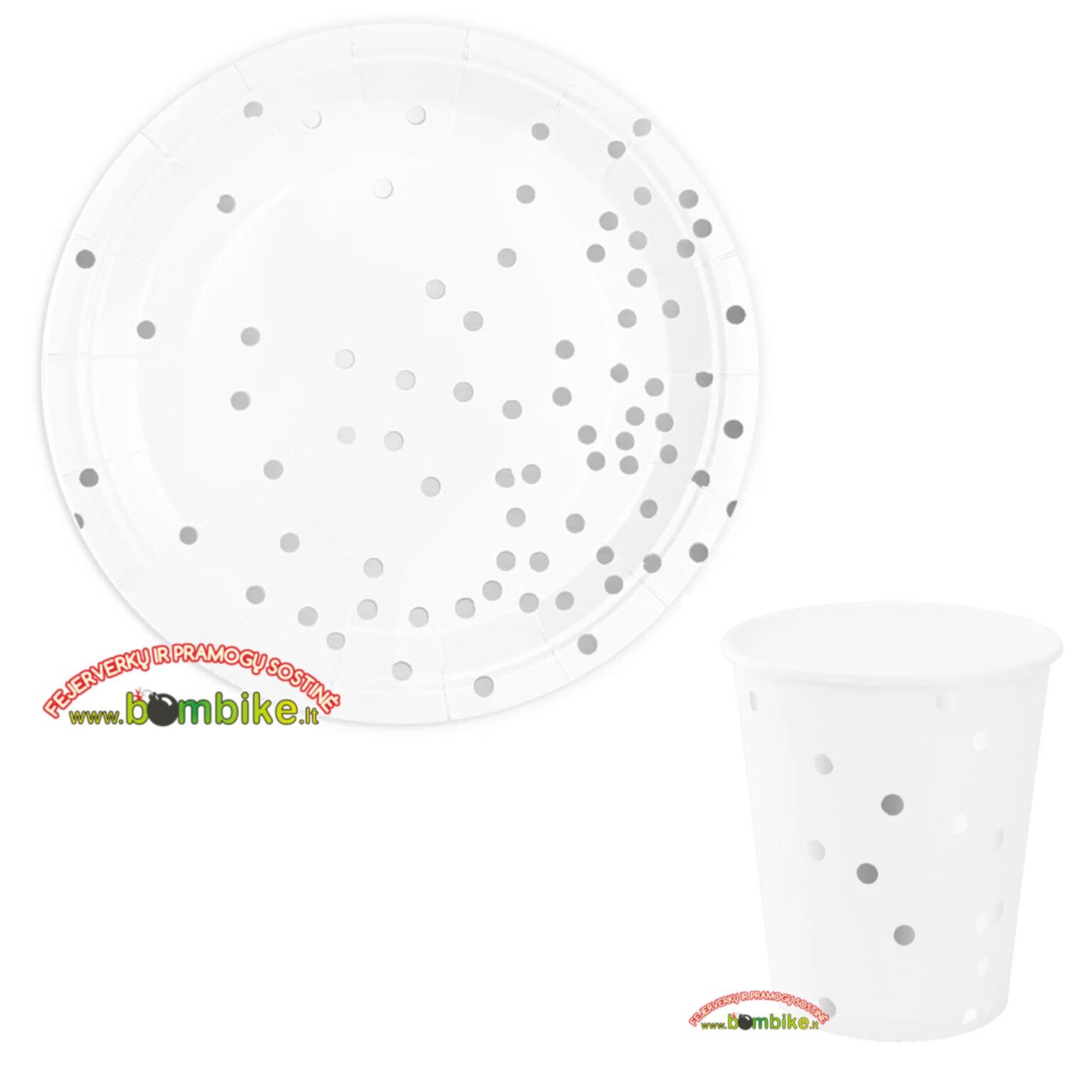 Puodelių ir lėkštučių rinkinys „Balta su sidarbiniais taškiukais“