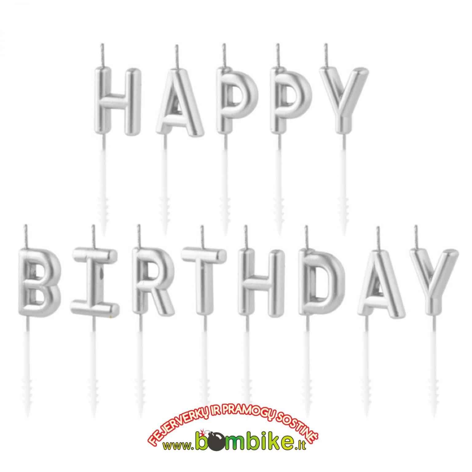 Torto žvakutės – sidabrinės raidės ,,Happy Birthday”