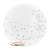 Mažesnės popierinės baltos lėkštutės su sidabriniais taškiukais