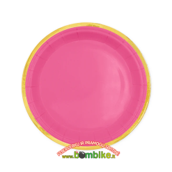 Popierinės lėkštutės „Tamsiai rožinės su auksiniu krašteliu”