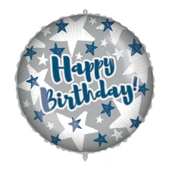 Folinis apvalus balionas "Sidabrinis Happy birthday"