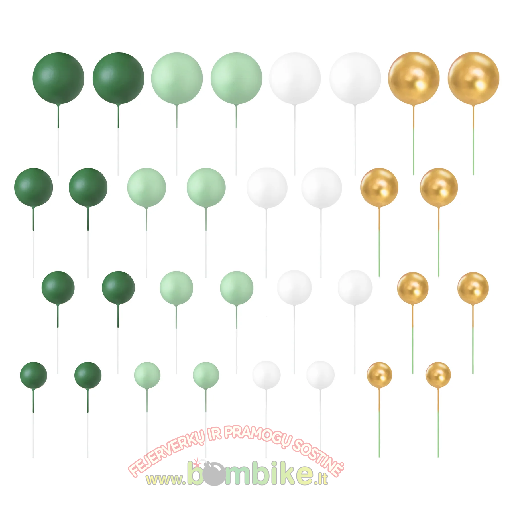 Žalios, mėtinės, baltos ir auksinės spalvos burbuliukų rinkinys tortui dekoruoti